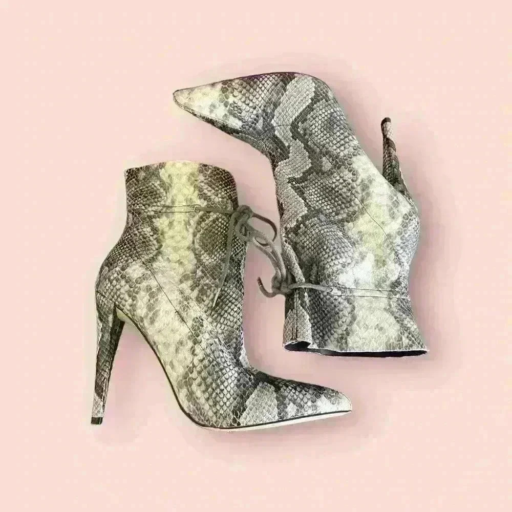 Khaliyah Snake Print Stiletto Ankle Booties Women's Gray Size 8